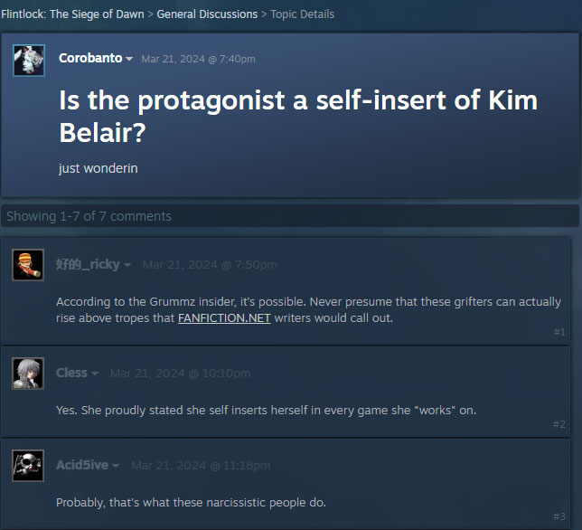 Kim Belair Steam Forum Claims of Self Insertion