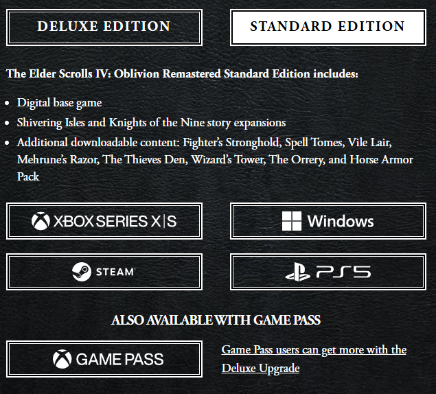 Oblivion Standard Edition Includes