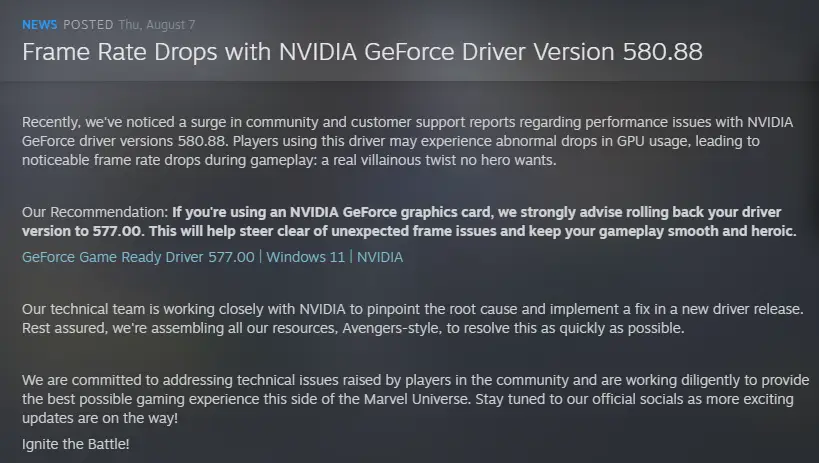 Frame Rate Drops in Marvel Rivals from NVIDIA Driver