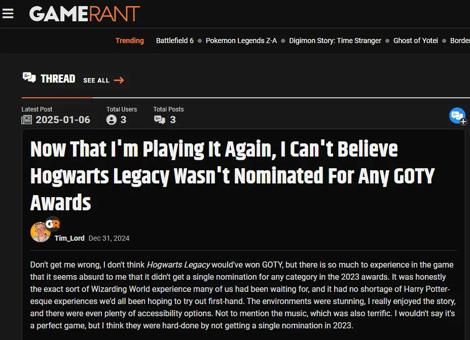 Game Rant Can't Believe Hogwarts Legacy Didn't Win Game of the Year