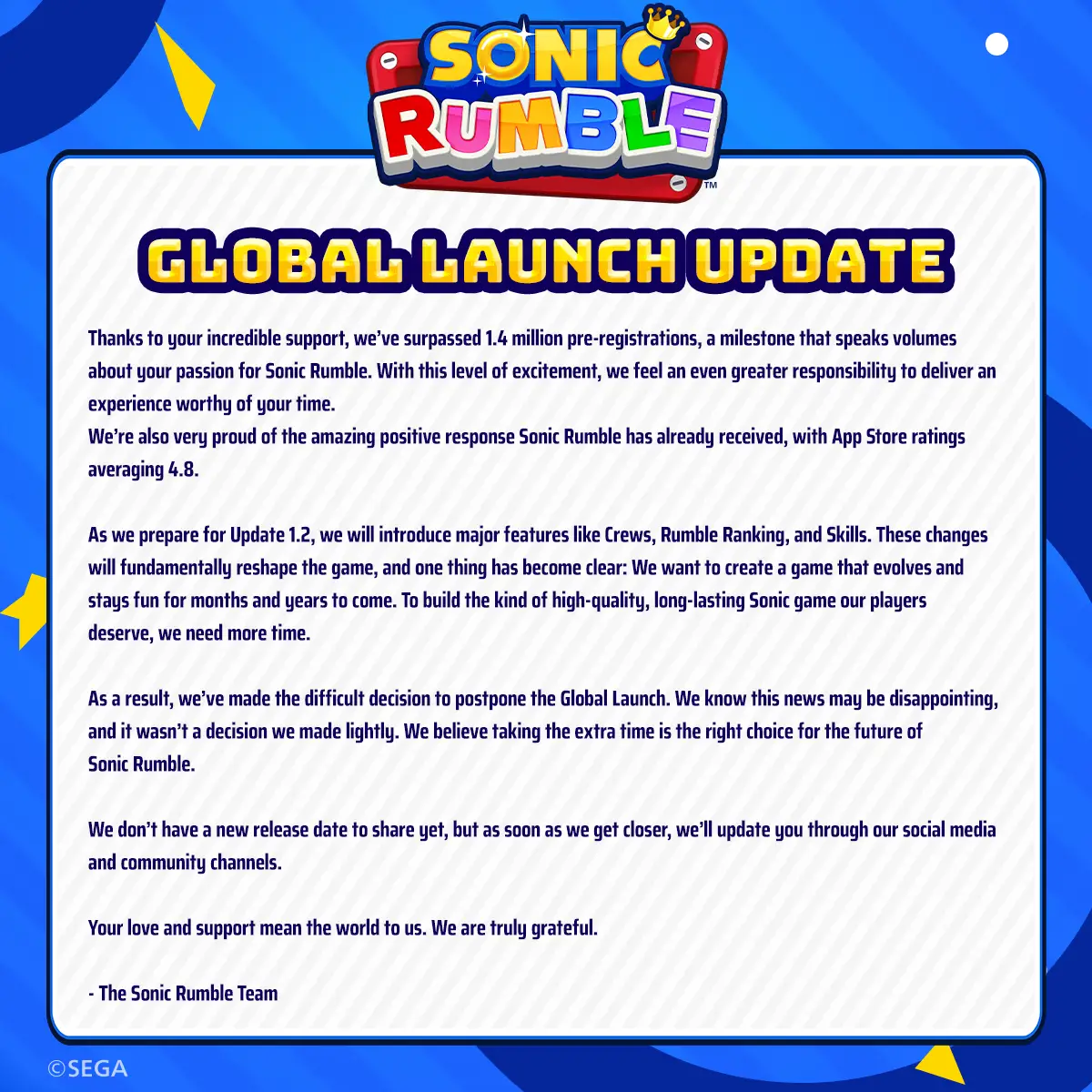 Sonic Rumble Delay Again Announcement Message