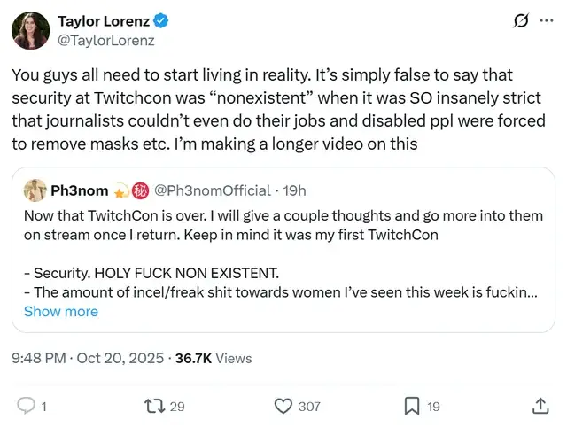 Taylor Lorenz Defends TwitchCon Security